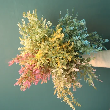 umelé kvety plastové listy biele fuzzy prášok hippocampus trávy falošné rastliny svadobné domáce dekorácie usporiadanie príslušenstvo