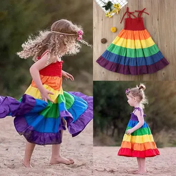 Rainbow Deti Dievča Šaty Princezná Dieťa Bavlna Popruh Strany Sprievod Dieťaťa Dievčatá Šaty 2-7Y