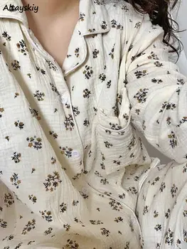 Kvetinová Jeseň Pajama Sady Ženy Bežné Krásne Elegantné Retro Dlhý Rukáv Oblečenie Domov Sleepwear Noc Útulný Ropa Mujer Oblečenie