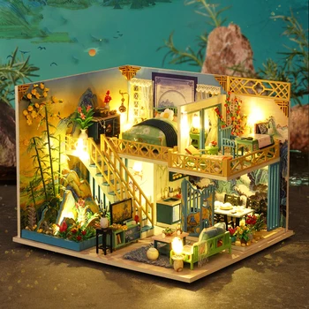 DIY Drevená Bábika Dom Japonský Casa Miniatúrne Stavebných Kit domček pre bábiky S Nábytkom Svetlo Villa Hračky pre Dievčatá Narodeninám