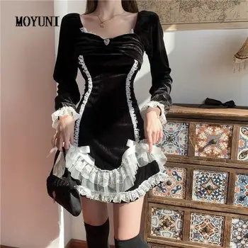 MOYUNI Čierna Vintage Mini Šaty Žien Kawaii Čipky Luk Patchwork Zamatové Šaty Gothic Streetwear Elegantné Sladké Dlhý Rukáv