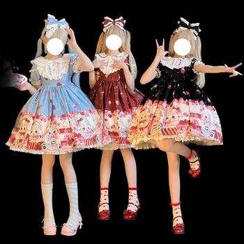 Japonský Sladké Lolita OP Šaty Žien Kawaii Dezert Ovce Baa Baa Jahoda Tlač Princezná Šaty Dievčatá Luk Čipky Mini Vestidos