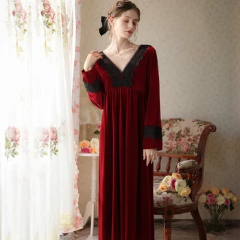 2022 Ženy Nightdress Fleece Tvaru Čipky Sleepshirt Odev Elegantné Dlhé Župane Zimné Soild Retro Sleepdress Nightgown