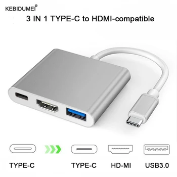 3 V 1 USB C do kompatibilný s HDMI Adaptér TYP-C Samec na HDMI kompatibilné s USB 3.0 Typ C Ženské Converter HD-MI Adaptér USB HUB