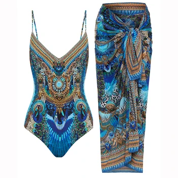 Móda Modrá Vytlačené Backless Bikini Set Ženy, jednodielne Plavky, Letné Beach Oblečenie tvaru plavky Luxusné Plavky Slim