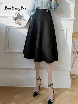 Beiyingni A-line Sukne Žena Vysoký Pás Bežné Streetwear Pracovné oblečenie Office Dámy Sukne Midi Retro kórejský Štýl Faldas Femme OL