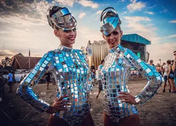 Striebro kostým Zrkadlo budúce technológie bar gogo kostýmy, tanec tím ds spevák dj nočný klub fáze show oblečenie kombinézu