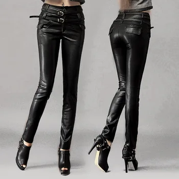 XS - 3XL módne ženské nohavice vysoký pás slim motocykel tesný PU kožené Nohavice čierne dámske kožené nohavice w1797