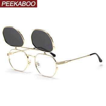 Peekaboo kovové zlato flip up slnečné okuliare mužov polarizované uv400 námestie optické okuliare, rám ženy kvalitné letné štýl 2021