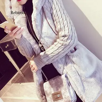 jeseň zima nové klasické módne pletené králik kožušinové bundy patch umelú kožušinu zahusťovanie bunda s kapucňou žena vrchné oblečenie