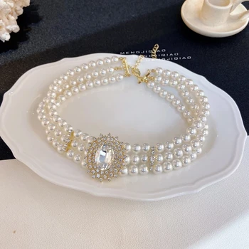 MAŠA Kórea Nový Dizajn a Módne Viacvrstvových Prehnané Crystal Elegantné Biele Perly Žena Clavicle Náhrdelník pre Ženy