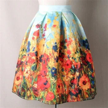 Dámy Žakárové Kvetina Tlače Skladaný plesové Šaty, kolená dĺžka Sukne Dámske Vintage Kvetinový Vysoký Pás