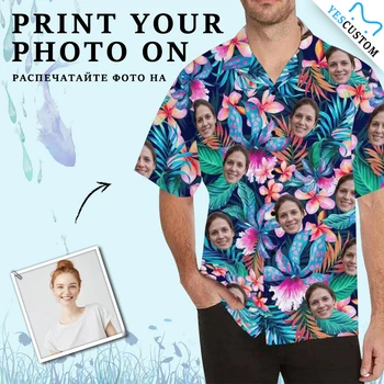 YesCustom T-Shirt Farebné Kvety Vlastnú Tvár Foto Cardigan Pláži Tee Vytlačené Voľné Havajské Košele Kvetinový Topy, Blúzky