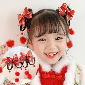 Čínsky Nový Rok Červená Vlásenky Nastaviť Zimné Darček Deti Hairball Strapec Ornament Sponky Do Vlasov Dievčatá Barrettes Deti Vlasy Príslušenstvo