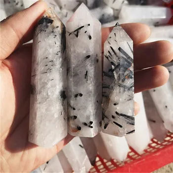 prírodné krištáľovo biely transparentný quartz čierny turmalín symbiotic crystal šesťhranný stĺp minerálne šperky, domáce dekorácie