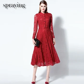 Boutique dámske oblečenie dámske temperament elegantné šaty s dlhým rukávom Duté z čipky šaty vysokej kvality vintage Šaty