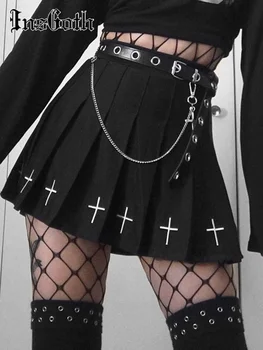 InsGoth Vysoký Pás Mini Black Sukne Gotický Streetwear Kríž Tlačiť Skladaný Ženy Sukne Emo Víla Grunge Lolita Harajuku Sukne