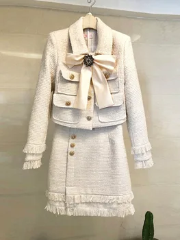 Nové 2022 Jeseň Vysokej Kvality Tweed 2 Dielna Sada Ženy Zimné Luk Bunda, Kabát + Elegantný Mini Strapec Ceruzka Vlna Zmes Sukne, Obleky