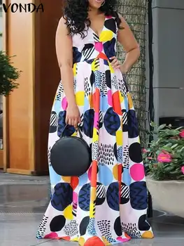 Móda Ženy Maxi Šaty 2022 VONDA Nadrozmerná Kvetinový Vytlačené Maxi Šaty Voľné Bežné Kleid Vestidos Femininas Sundress Femme