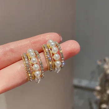 Francúzsky Svetlo Luxusné Imitácia Perly C Tvar Náušnice pre Ženy kórejský Módne Krištáľové Náušnice Svadobné Elegantné Šperky Strany Darček