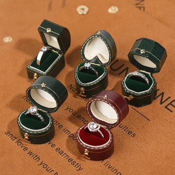 Retro Mini Krúžok Box Pu Kožené Rozšírené Vintage Šperky Zobraziť Okno Návrh Svadobný Obrad Šperky Darček Osemhranné Organizátor