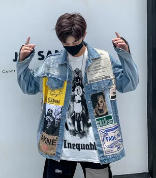 Harajuku Denim Jacket Muž Módne Voľné Hip Hop Singel Svojim Klope Denim Kabát 2021 Jar Jeseň Nové Módne Pár Oblečenie