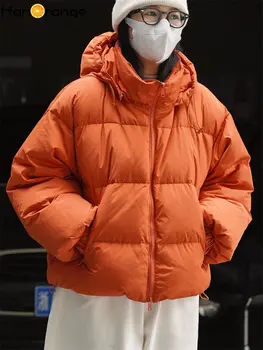 HanOrange 2022 Zimné Bežné Krátky S Kapucňou Parkas Ženy Voľné Siluetu Bežné Teplé Vatovaný Kabát Žena Black/Orange