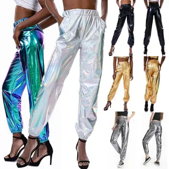 Móda Smooth Reflexné Ženy Vysoký Pás Kovový Lesklý Jogger Bežné Holografické Farba Streetwear Nohavice