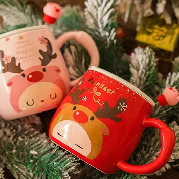 400 ml Vianočné Jeleň Červené Hrnčeky Instagram Ružové Dievča Srdce Keramický Hrnček Cartoon Pár Vodné Sklo Káva, Fľaša Lyžica s Krytom
