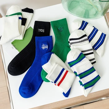 Móda Výšivky Stripe Ponožky Modrá Zelená Ženy Bavlnené Ponožky Priedušné, Mäkké Harajuku Calcetas Skarpetki