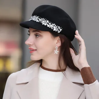 Francúzsky nový štýl klobúk pani jeseň zima beret hat klobúk British tekvica klobúk vlnená čiapka módne drahokamu vlna plstený klobúk