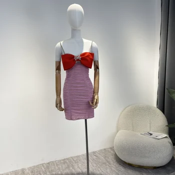 Nový Príchod Najnovšie 2022 Lete Červená Veľký Luk Crystal Korálky Ružová Skladaný Tylu Slim Retro Malé Šaty pre Ženy