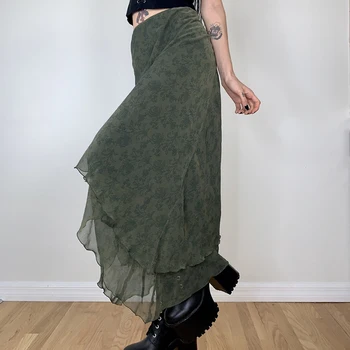 2000s estetické Lady Nepravidelný Elegantné Vysoký Pás Midi Sukne Grunge Volánikmi Šifón Sukne Vitnage Streetwear Zelené Oblečenie