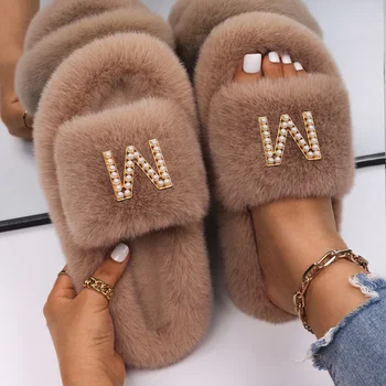 Načechraný Papuče Flip Flops Dámy Pearl List Umelú Kožušinu Listov Platformu Sandále Dizajnér Papuče Pre Ženy, Luxusné Zimné Topánky