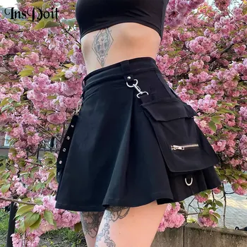 InsDoit Gotický Punk Čierna Vysoký Pás Mini Sukne Harajuku Streetwear Módy Skladaná Sukňa Ženy Patchwork Veľké Vrecko Reťazca Sukne