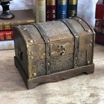 Drevené Retro Piráta s pokladom, banka Dekoratívny box so zámkom ,Mince, bankovky úložný box Detí darček malé pole heslo