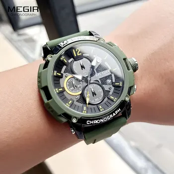 MEGIR Chronograf Quartz Hodinky pre Mužov Olivový Zelený Silikónový Pásik Náramkové hodinky s Automatickým Dátum 3atm Nepremokavé Svietiace Ručičky 2208