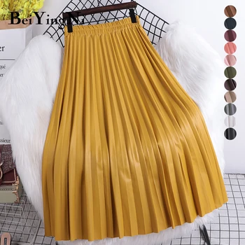 Beiyingni Elegantné Skladaný PU Kožené Midi Sukne Dámske Pevné Bežné Slim kórejský Módne Vysoký Pás Sukne Dámske Vintage Sukne