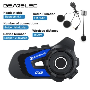 GEARELEC GX8 Bluetooth Motocykel Komunikačný Headset 6~8-Rider Plný Duplex Prilba palubného telefónu 1500m Rozsah S FM Rádiom EQ Hudba