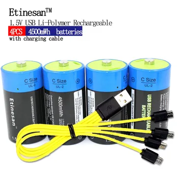 4pcs Etinesan 1,5 V 4500mWh Li-pol Nabíjateľná C veľkosť Batérie, C Typu li-ion batéria + USB nabíjací kábel