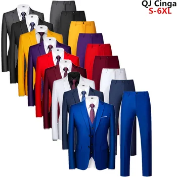 QJ CINGA Kráľovská Modrá pánske Oblek 3 Kusy (Bunda+Nohavice+Vesta) Biela Čierna Šedá Červená Terno Masculino Módne Slim Kostým Homme 6xl
