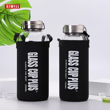 AIWILL Sklenená fľaša na vodu 2000ml/ 1500ml/1000ml/600 ml vonkajšie Transparentné prenosné veľká-kapacita sklenených fliaš darček taška s