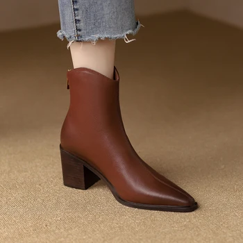 2022 Ženy, členkové topánky prírodná koža 22-25 CM cowhide plný moderné kožené topánky späť na zips vintage západnej topánky ženy