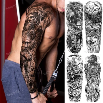 Úžasné Dočasné Tetovanie mužov veľké plný arm tattoo rukáv boh vlk mesiac dragon lion king tiger lesa vzory tetovanie veľké telo