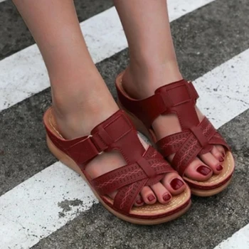 Ženy Lete Klin Sandále Bežné Otvorené Prst Kože flip flop Platformu Retro Anti-slip Klin Papuče Vintage topánky sandalias