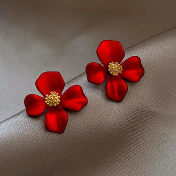 S925 Strieborná Ihla Senior Červené Lístkov Čisté Červené Temperament Roztomilý Malý Kvetinový Náušnice Ženské Šperky Earings Módne Šperky