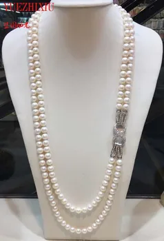 Prírodné sladkovodné perly 7-8mm 2row náhrdelník Náramok žien Pearl Perličiek Perličiek dlhý sveter reťazca dvojité náhrdelník 25-27 palec
