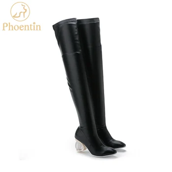 Phoentin overknee topánky čierne úsek PU kožené 2019 stehna-high-topánky crystal vysoké podpätky sexi štíhle dievčatá topánky plus veľkosť FT758