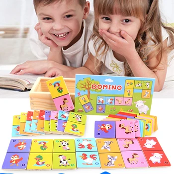 Montessori Drevené Domino Stavebné Bloky Nastaviť Skoro Vzdelávacie Hračky Pre Deti Kognitívne Zvierat Solitaire, Domino, Puzzle, Hračky Deti
