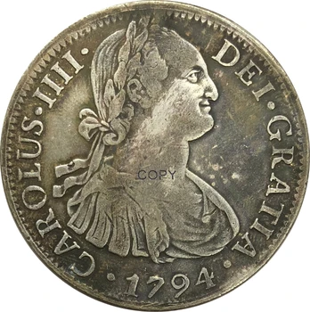 1794 Mexiko 8 Reales Cupronickel Pozlátené Striebro Kópiu Mince